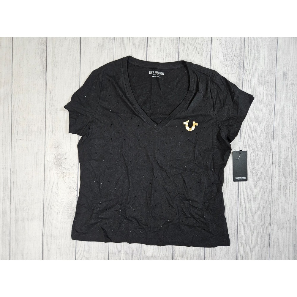 True Religion Womens 2XL Black V-Neck T-Shirt Rhinestone Horseshoe Logo Cotton